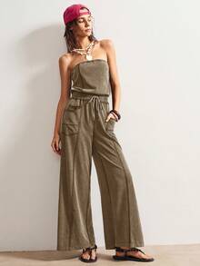 Bohemela Women's Street Style Knit Drawstring Tube Top Jumpsuit - Brown - View 7