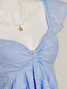 SHEIN ICON 女士褶皱前片修身性感镂空提花浪漫法式荷叶袖露背休闲度假短款吊带背心 - 藍色 - 查看 8