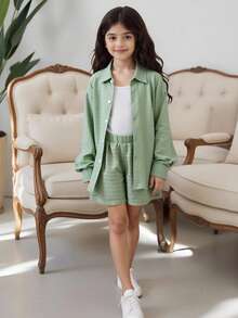 SHEIN Tween Girl Drop Shoulder Blouse & Cami Top & Shorts - Multicolor - View 7