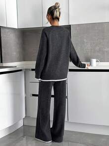 SHEIN Tall Minimalist Contrast-Trim Lounge Set – Soft Knit Long Sleeve Top & Wide-Leg Pants - Grey - View 2