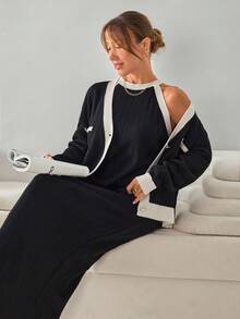 EURMUSE Black & Cream Contrast Ribbed Knit Set – Gold Button V-Neck Cardigan Paired With Matching Sleeveless Bodycon Dress - Black - View 6
