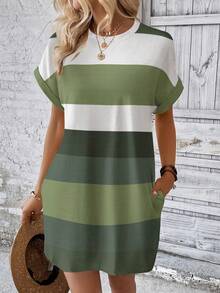 SHEIN LUNE Women's Casual Striped Color-Block Pattern Round Neck Midi Dress, ,Summer Dresses For Women Chic Dress