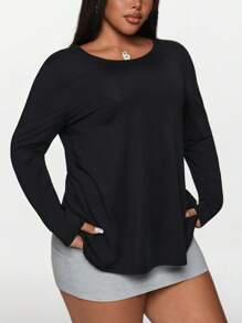 Rhythm Era Plus Size Women's Minimalist Breathable Solid Color Backless Long Sleeve Sports T-Shirt Y2k Jesus Glowmode - Black - View 4