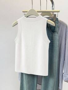 Airaco Áo len không tay cổ tròn màu trơn dành cho nữ, mùa thu - trắng - Xem 2