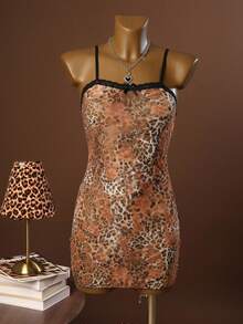 SHEIN 女式性感蕾丝拼接豹纹蝴蝶结装饰吊带睡衣 - 彩色 - 查看 6