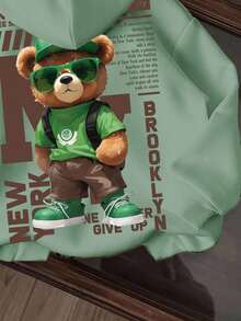 男童休闲简约纽约可爱卡通熊图案舒适厚针织长袖卫衣，秋冬季 - 薄荷綠 - 查看 4