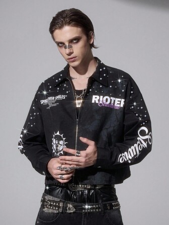 Street Life Men's Sparkling Diamond Pearl Print Jacket, Loose Cropped Style, Fall