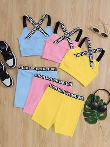 SHEIN 6pcs Young Girl Solid Color Knit Patchwork Letter Tape Sports Set - Blue - View 2