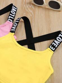 SHEIN 6pcs Young Girl Solid Color Knit Patchwork Letter Tape Sports Set - Blue - View 5
