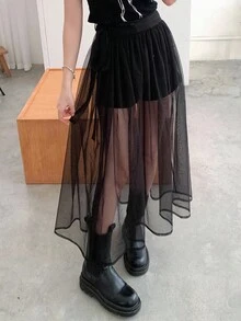 DAZY Falda transparente de unicolor con malla y efecto vaporoso para mujer - Negro - Ver 4