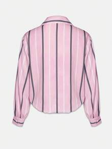 INAWLY 女式条纹落肩长袖部分纽扣休闲短款衬衫 - 淺粉色 - 查看 2