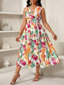 SHEIN Lady 女士休闲假日热带印花中长连衣裙夏季女装度假连衣裙海滩度假装女装 - 白色 - 查看 7