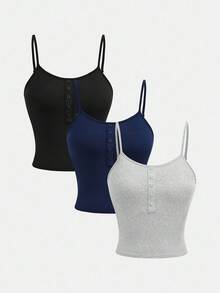 SHEIN Girlism 3件套少女海军蓝、黑色、灰色吊带背心，内置胸垫，修身剪裁，百搭休闲吊带背心，适合所有季节/活动/秋季/冬季/万圣节、荧光模式、秋季、圣诞节/假日/节日/冬季 - 彩色 - 查看 3