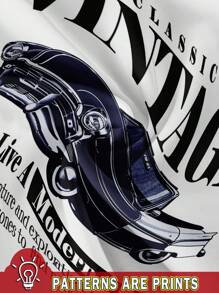 Attitoon 休闲简约复古汽车印花圆领短袖短款修身 T 恤，适合夏季穿着 - 藏蓝色 - 查看 3