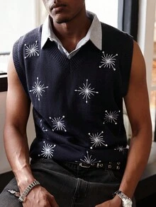 Manfinity EMRG Men's Snowflake Pattern V-Neck Casual Knitted Vest, Autumn - Multicolor - View 4