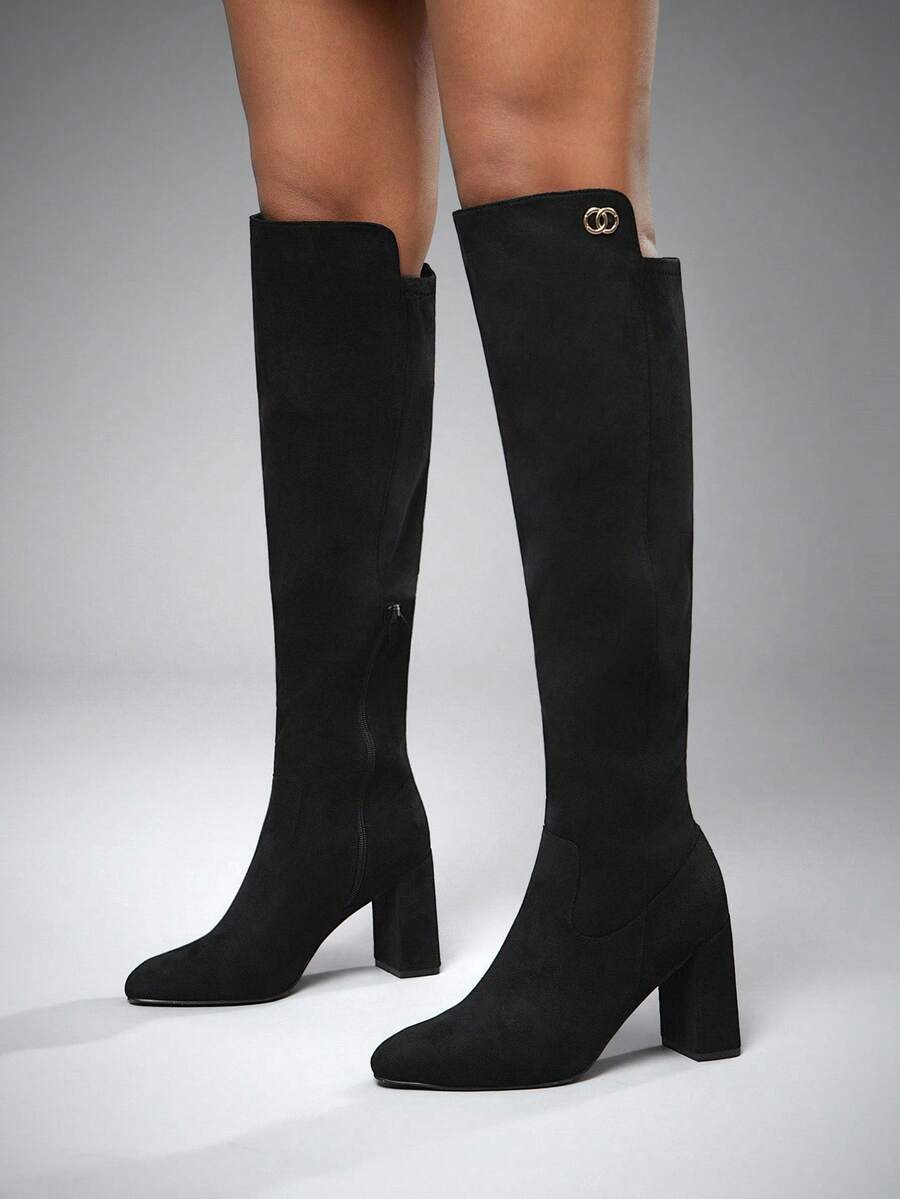 SHUZIA 时尚女式黑色仿麂皮及膝粗跟靴，舒适秋冬假日 - 黑色 - 查看 1