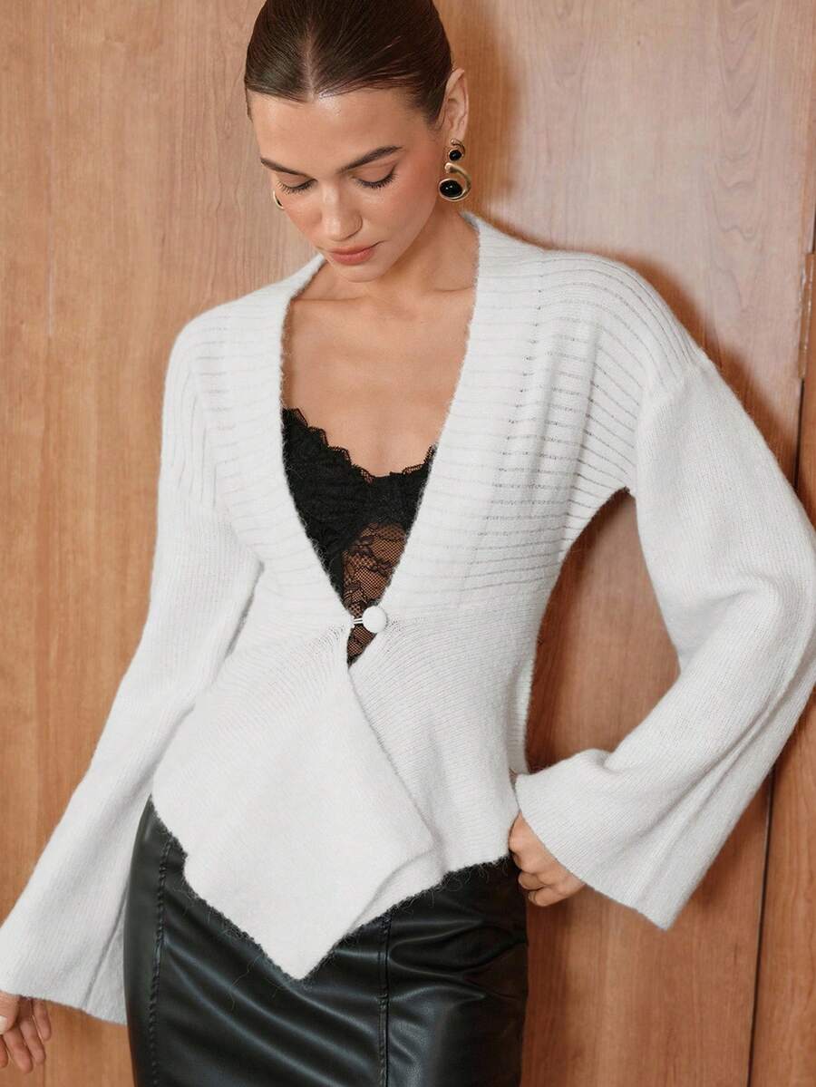 SHEIN Unity 1pc Women's Solid Color Long Sleeve Fitted Asymmetrical Hem Elegant Cardigan Fall Cloth For Women - White - View 1