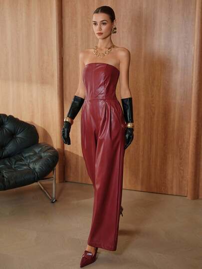 SHEIN Unity Monos de mujer de pierna ancha de unicolor casual de piel de PU