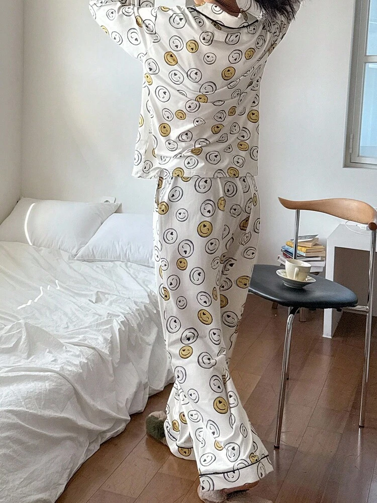 Allover Print Loose Women Pajama Set, Fall Clothes