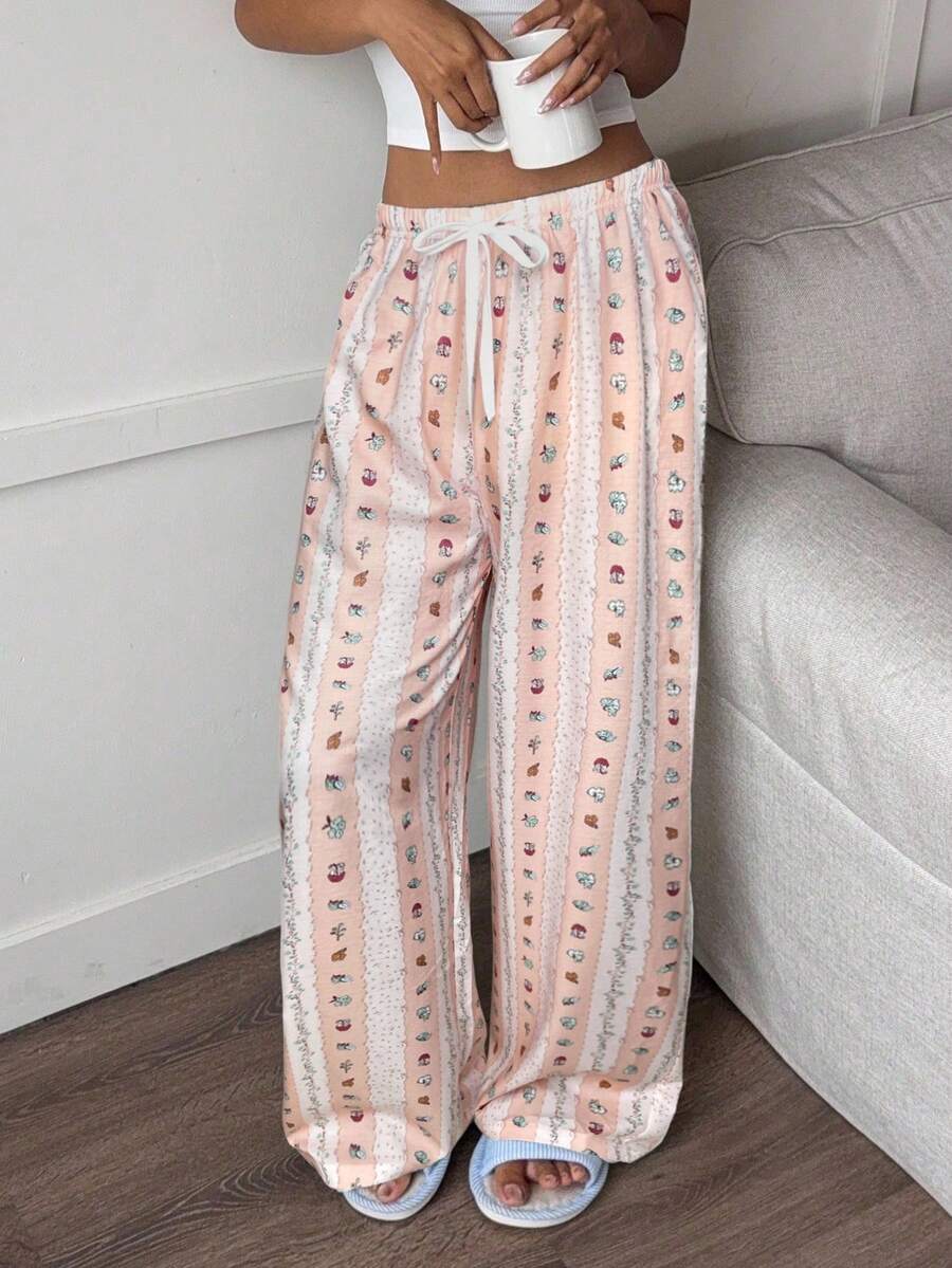 Aloruh New Romantic Striped Bubble Wrinkle Print Cute Cartoon Comfortable Versatile Lounge Pants - Pink - View 1