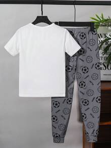 SHEIN Tween Boy 两件套足球印花睡衣套装 - 休闲长裤和短袖上衣，适合春季、秋季和冬季的家居服 - 白色 - 查看 2