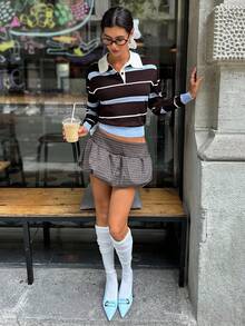 Aloruh Women's Autumn/Winter Collegiate Style Polo Collar Contrast Striped Brown And Blue Loose Knit Sweater,Brown Sweater,Fall - Multicolor - View 5