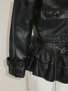 SHEIN ICON Y2k 秋季女款黑色外出撞色仿毛领长袖单排扣 PU 皮革时尚夹克短款皮夹克黑色皮夹克女款仿毛领夹克皮夹克带毛领短款黑色夹克 - 黑色 - 查看 9