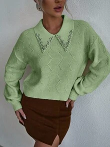 EMERY ROSE 女士时尚休闲水钻落肩长袖套头毛衣 - 綠色 - 查看 5