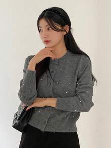 DAZY 女士纯色长袖休闲串珠短款开衫，秋季亮片 - 灰色 - 查看 2