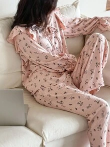 DAZY Ditsy Floral Ruffle Hem Women Pajama Set, Fall Clothes - Pink - View 7