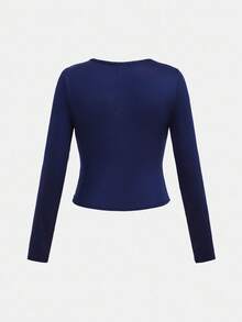 SHEIN Tween Girl Navy Blue Knit Solid Pleated Bust Sweet Girl's School Casual Long Sleeve T-Shirt, Back-To-School, Cute, Holiday Family Outdoor FALL Picnic Everyday Wear, Top Suitable For Various Occasions Winter - Navy Blue - View 2