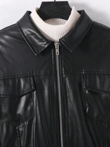 SHEIN 青少年男孩休閒日常百搭舒適PU領保暖內裡寬鬆加厚長袖開襟夾克外套 黑色拉鍊男孩皮夾克人造皮革夾克 冬季外套 適合生日派對、晚會、表演、婚禮、洗禮、開幕式，適合日常穿著、上學、旅行、運動，適合秋冬 - 黑色 - 查看 5