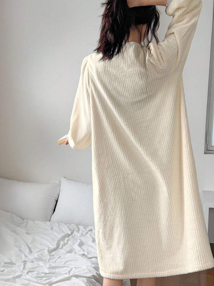 Women's Striped Fuzzy Ruffle Trim Puff Sleeve Loungewear Dress, Winter, Fall Fluffy Pajama, Cozy Outfits, Moo Moo Night Dress