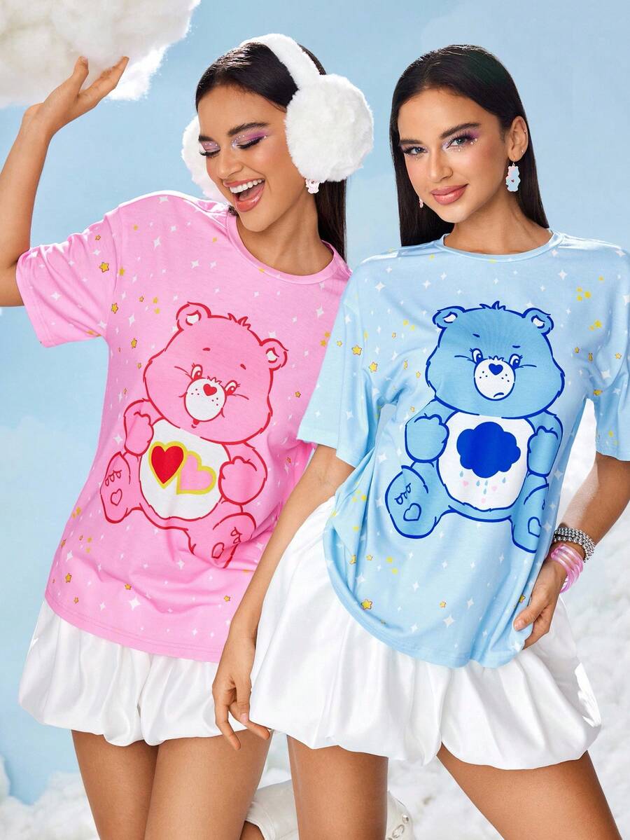 SHEIN X Care Bears Women's Cartoon Bear Pattern Pink Round Neck Short Sleeve T-Shirt - Pink - View 1
