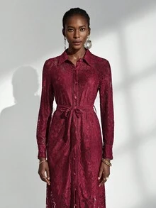 Almamuse Vestido elegante de mujer con parches de encaje, burdeos - Burdeos - Ver 5