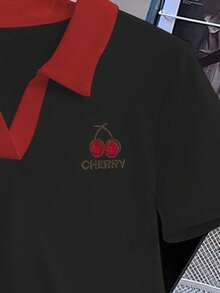 INAWLY Women's Summer Cherry Letter Embroidery Contrast V-Neck Short Sleeve T-Shirt - Black - View 4