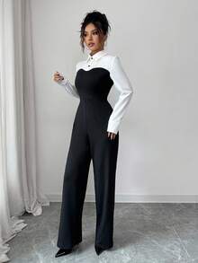 Rafferiza 女士休闲通勤黑白撞色宽松阔腿二合一连体裤，春秋季 - 黑與白 - 查看 4