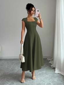 Elenzga Women's Elegant Solid Color Square Neck Waist Tie Splice A-Line Short Sleeve Midi Dress, Suitable For Commute, Beach, Vacation, Music Festival, Beer Festival - Army Green - View 5