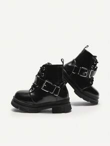 Cozy Pixies 1 双时尚百搭金属扣黑色软底系带踝靴，适合秋冬季