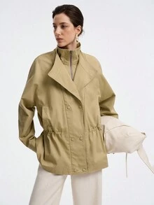 Aalyst Veste femme automne/hiver en coton à chevrons, élégante, style urbain, décontractée, pour le bureau, la rentrée scolaire, double épaisseur, col montant, fermeture éclair sur le devant, manches raglan, devant central, 4 boutons, double boutonnage, cordon de serrage à la taille, coupe trapèze.