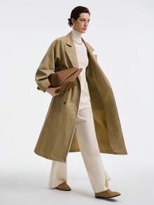 Aalyst Women's French Elegant Minimalist High-End Casual Vacation Commute Comfortable Solid Twill Fabric Stand Collar Double-Breasted Drop Shoulder With Pockets Side Slit Long Sleeve Utility Long Jacket, Spring/Autumn/Winter