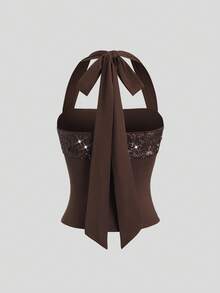 Sweetra Vintage Y2K Sequin Patchwork Slim Fit Racerback Tank Top For Women - Coffee Brown - View 2