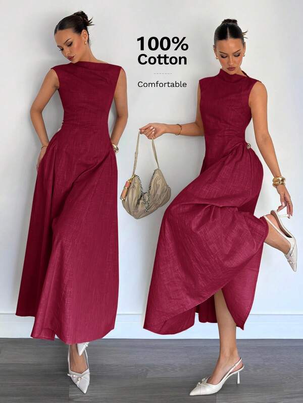 Siren Gaze Vestido longo feminino com zíper e decoração de metal em cor sólida, lançamento de verão