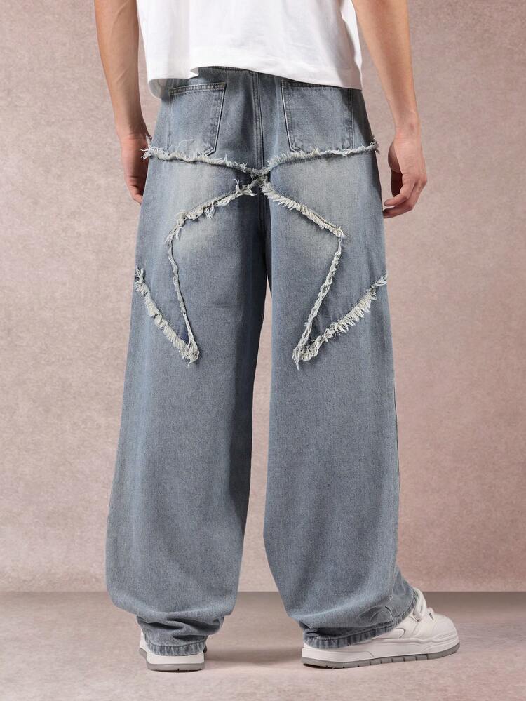 Wide Leg Denim Jeans With Star Pattern Frayed Details