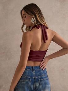 Glamine Reddish Brown Sexy Ruched V-Neck Backless Top, Concert Star, Streetwear Glam, Club Night Edit, Date Night Must-Have, Autumn Favorite, Festival Glow, Y2K Statement, Elevated Elegance - Redwood - View 2