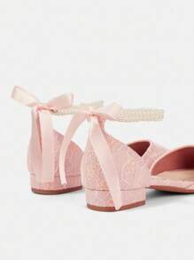 CUCCOO HITCHD 粉色珍珠蝴蝶结蕾丝女士平底鞋，低跟，舒适，优雅，适合婚礼，女士镂空平底鞋 - 粉色 - 查看 4