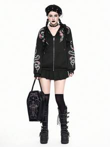 ROMWE Gothic Style Snake & Floral Print Women Hoodie With Thermal Lining - Black - View 1