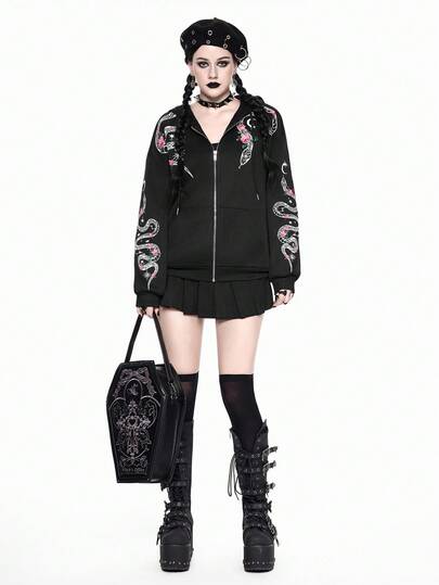 Gothic Style Snake & Floral Print Women Hoodie With Thermal Lining
