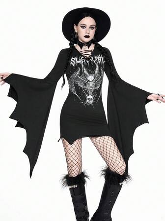 Halloween Gothic Style Solid Color Casual Fashion Flare Sleeve V-Neck Tie-Up Bat Wing Halloween Bodycon Dress For Women