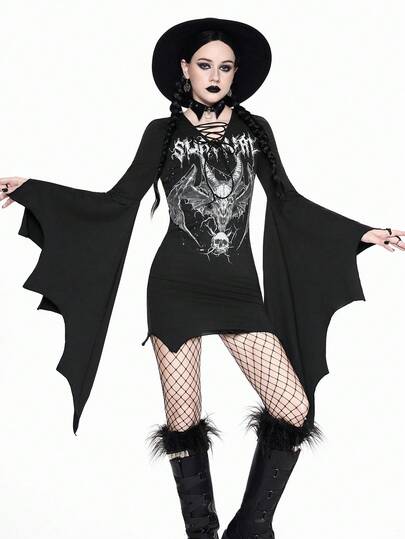 Goth Halloween Gothic Style Solid Color Casual Fashion Flare Sleeve V-Neck Tie-Up Bat Wing Halloween Bodycon Dress For Women